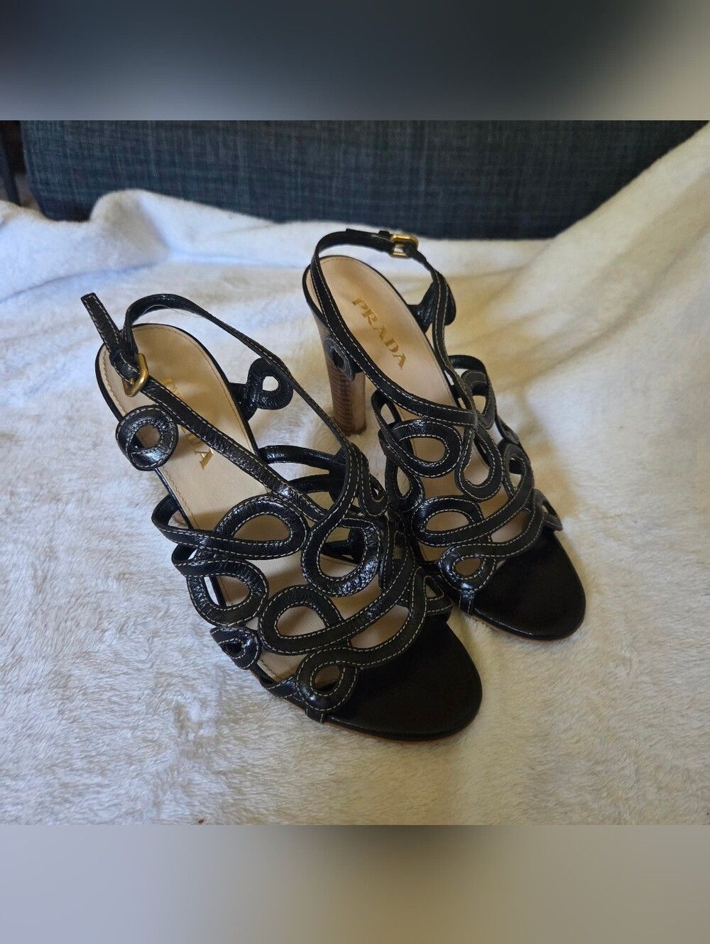 Prada Black Leather Cutout Slingback Heels with Gold Buckle